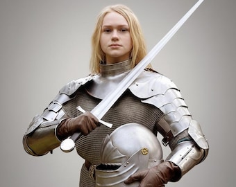 Medieval Knight Armor Suit Full Steel Costume with Helmet | Women’s Warrior Cosplay, LARP, Renaissance Faire Outfit   Female Costume