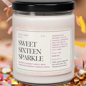 Personalized Sweet 16 Candle, Cute Milestone Birthday Gift, Sweet Sixteen Sparkle, Custom 16th Birthday Gift, Wicks and Brew