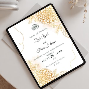 Elegante Nikkah-uitnodigingssjabloon – gouden bloemen moslim trouwkaart – bewerkbare digitale download canva | Islamitische huwelijksuitnodiging