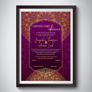 Modelo elegante de certificado islâmico Nikkah, contrato de casamento roxo e dourado, arquivo digital A3 editável para casamento muçulmano, para impressão no Canva