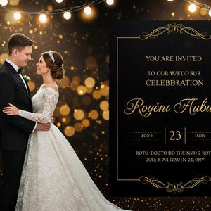 Schwarz und Gold Hochzeitseinladung Paar Foto, elegante Hochzeit Party Karte, druckbare Einladung für Sie & Ihn, modernes Luxusdesign