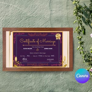 Plantilla de certificado de matrimonio editable / Certificado de matrimonio A3 dorado y morado / Documento de matrimonio LGBTQ+ imprimible / Descarga instantánea en PDF