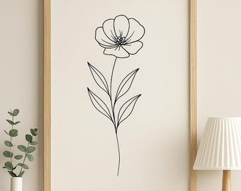 Minimalist Flower Line Art Print – Black Ink Drawing (Digital Download)