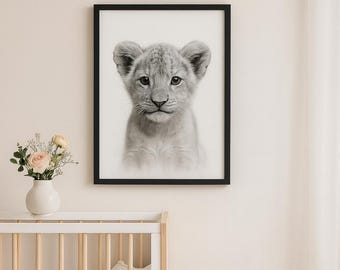 Baby Lion Nursery Print: Black and White Safari Animal Portrait (Instant Download)