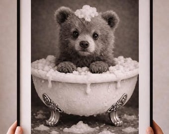 Bear Cub Bathtub Wall Art, Black White Animal Print, Nursery Bathroom Decor (Digital Download)