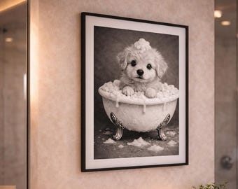 Black and White Puppy Bathtub Art, Printable Dog Bathroom Decor (Digital Download)