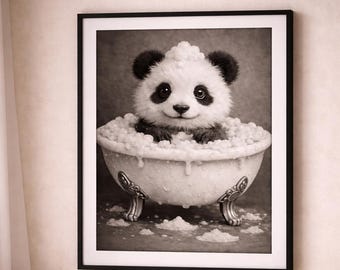 Panda Bathtub Wall Art, Black White Animal Print, Nursery Bathroom Decor (Digital Download)