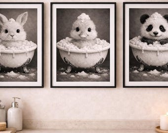 Black and White Animal Bath Prints, Bunny Duckling Panda Nursery Art (Digital Download)