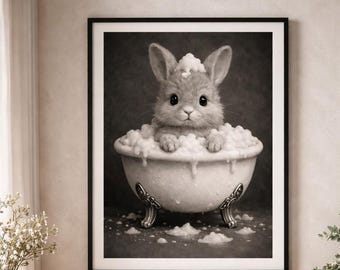 Black and White Bunny Bathtub Print, Playful Rabbit Bathroom Decor (Digital Download)