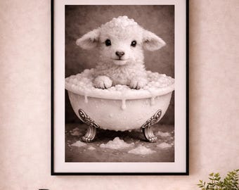 Black and White Lamb Bathtub Art, Printable Nursery Bathroom Decor (Digital Download)
