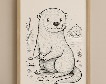 Minimalist Otter Nursery Print: Black and White Line Art (Digital Download