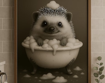 Hedgehog in Bathtub Print: Funny Bathroom Animal Art (Digital Download)