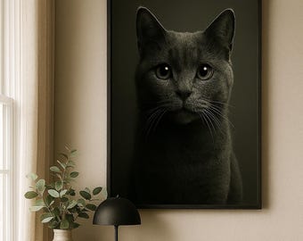 Black and White Cat Portrait – Minimalist Feline Wall Art, Monochrome Cat Print, Instant Download