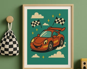 Cartoon Sports Car Print – Playful Nursery Wall Art (Digital Download)