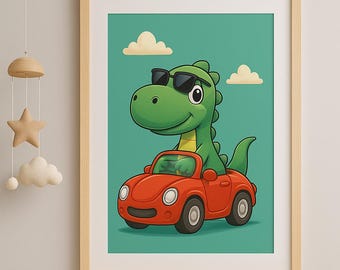 Dinosaur Car Print: Playful Kids Room Wall Art (Digital Download
