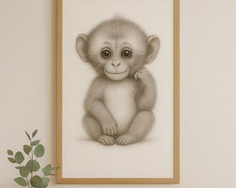 Baby Monkey Nursery Print | Minimalist Safari Animal Art (Digital Download)