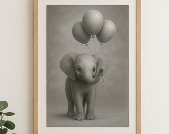 Elephant Nursery Print: Black and White Animal with Balloons (Digital Download)