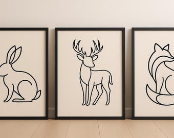 Minimalist Animal Prints Set: Fox, Deer, Rabbit Line Art (Digital Download)
