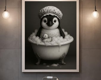 Lámina de pingüino en la bañera – Arte mural en blanco y negro para habitación infantil (descarga digital)