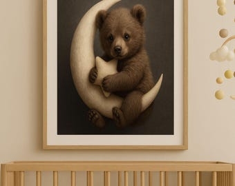Baby Bear Moon & Star Nursery Print: Realistic Animal Art (Digital Download)