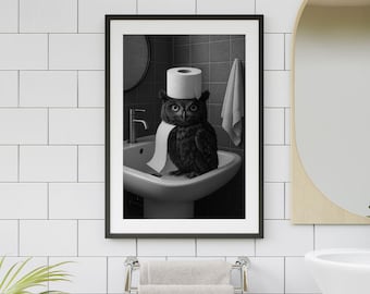 Funny Owl Bathroom Print: Toilet Paper Hat, Humorous Animal Art (Digital Download)
