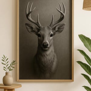 Puede incluir: Impresión en sepia enmarcada de la cabeza de un ciervo, con cornamenta y pelaje detallados. La obra de arte se presenta en un marco de madera clara, adecuada para la decoración del hogar. El ciervo está centrado, creando un punto focal.