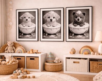 Baby Animal Bath Prints, Lamb Bear Puppy Nursery Wall Art (Digital Download)