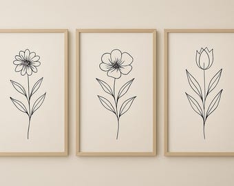 Botanical Line Art Print Set | Minimalist Flower Wall Decor (Digital Download)