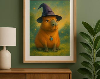 Lámina artística de un carpincho en una habitación vintage: Ilustración animal con estilo (descarga digital)