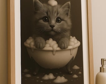 Stampa di un gatto divertente nella vasca da bagno: arte minimalista per la cameretta dei bambini in bagno (download digitale)