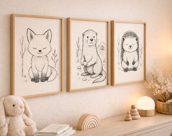 Set of 3 Minimalist Animal Prints, Scandinavian Nursery Line Art (Instant Download)
