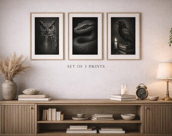 Set of 3 Gothic Wildlife Prints, Owl Snake Raven Wall Art (Digital Download)