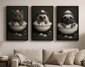 Set 3 Black White Animal Bath Prints, Kitten Hedgehog Sloth Wall Art (Digital Download)