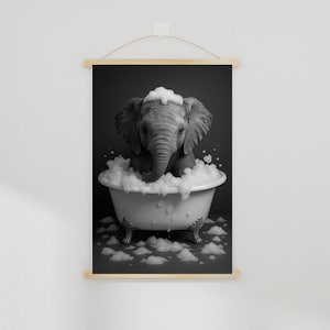 Arte de parede para banheiro com elefante para impressão, pôster para banheira de bebê elefante, decoração de berçário, quarto infantil, download digital de animal em preto e branco