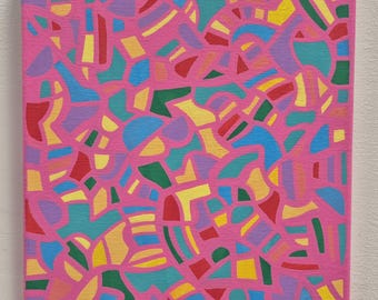 May include: Abstract painting on canvas with a vibrant pink background. The artwork features a mosaic of colorful shapes in red, yellow, blue, green, and purple. The shapes are outlined in a darker shade of pink, creating a bold and eye-catching design.