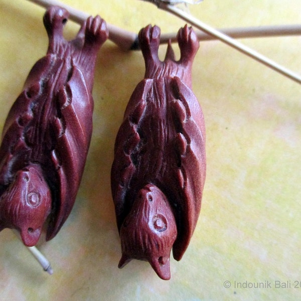 Bali Bat Beads in Carved Sawo Wood, Earring Pair - Vegan Jewelry Supplies