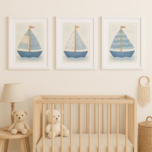 Set of 6 Watercolor Sailboat Prints – Nautical Nursery Wall Art, Blue Boat Wall Decor, Coastal Baby Room Printable Art