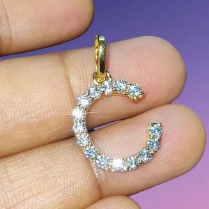 Diamond Initial C Letter Pendant Round Simulated Diamond Pendant 14K Yellow Gold Finish Silver Customized Any Letter Pendant Hip Hop Pendant