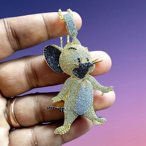 Diamond Jerry Pendant Round Cut Simulated Diamond Pendant 14K Two Tone Gold Finish 925 Silver Black Diamond Cartoon Pendant Hip Hop Pendant
