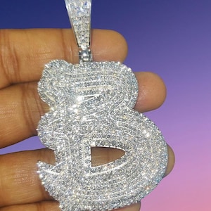 Alphabet Letter B Pendant Round Natural Tester Pass Moissanite 14K White Gold Finish Silver Customized Any Letter Pendant Hip Hop Pendant