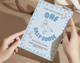 Edytowalne zaproszenie na pierwsze urodziny Blue Gingham Goose | Zaproszenie na imprezę One Silly Goose | Pobieranie cyfrowe | Szablon na pierwsze urodziny do wydrukowania