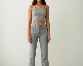 High Waist Gray Rhinestone Jeans – Women&#39;s Slim Fit Denim Pants  – Elegant Casual Outfit