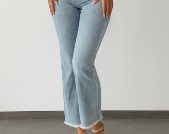 Rhinestone Flare Jeans | High Waist Sparkly Denim Pants | Light Blue Festival Jeans for Women