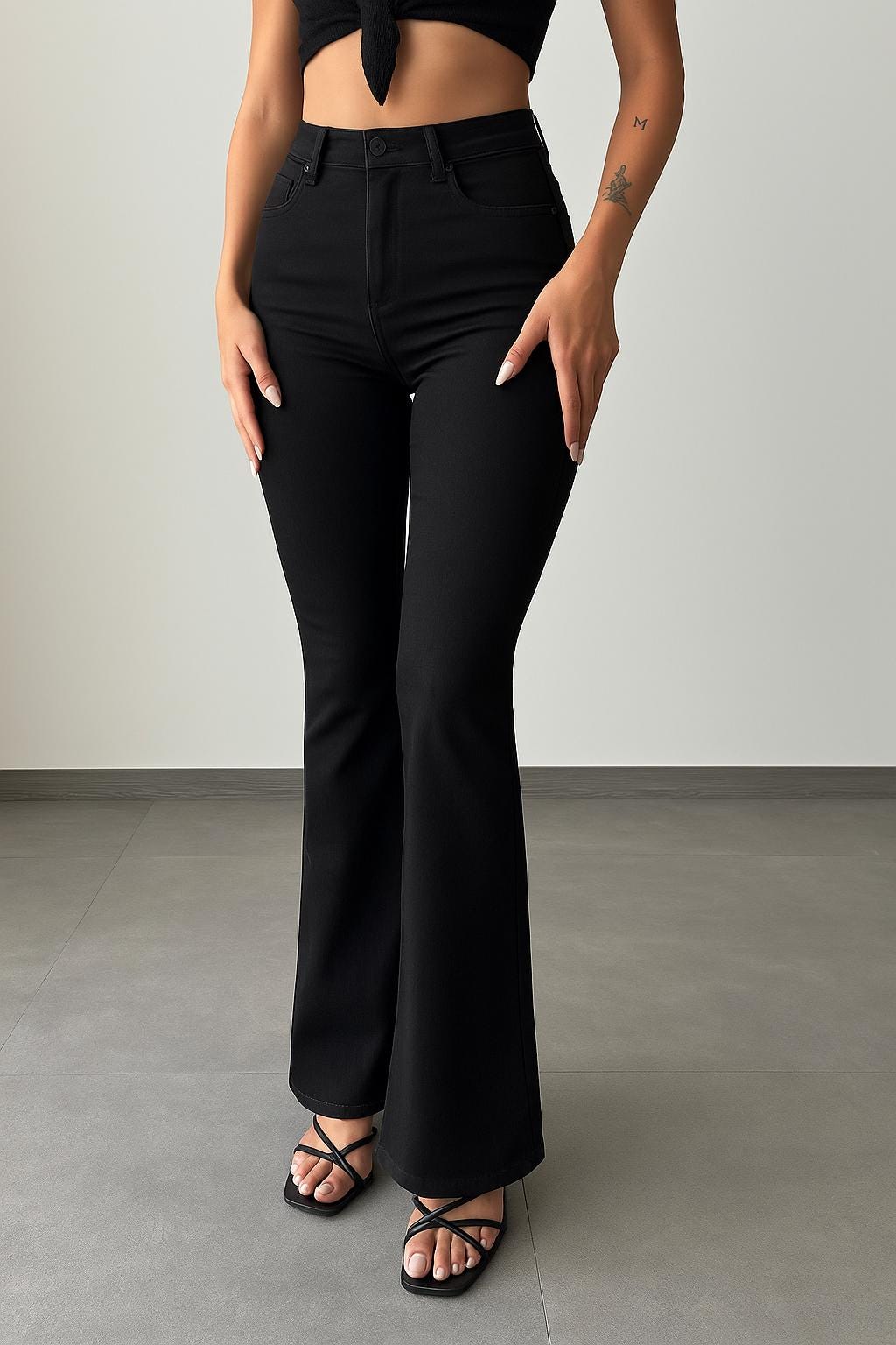 Women’s High Waist Black Flare Jeans – Half-Spanish Leg Trousers