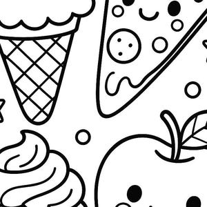 以下が含まれることがあります： 笑顔の食べ物を描いた白黒イラスト。さくらんぼ付きのアイスクリーム、ピザのスライス、カップケーキ、リンゴが含まれています。星と円が構成を飾っています。
