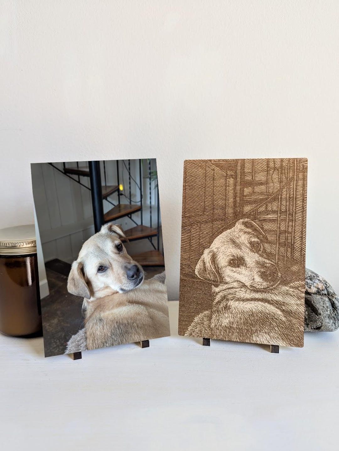 Engraved Wood Pet Portrait: Custom Dog or Cat Photo, Woodcut Style