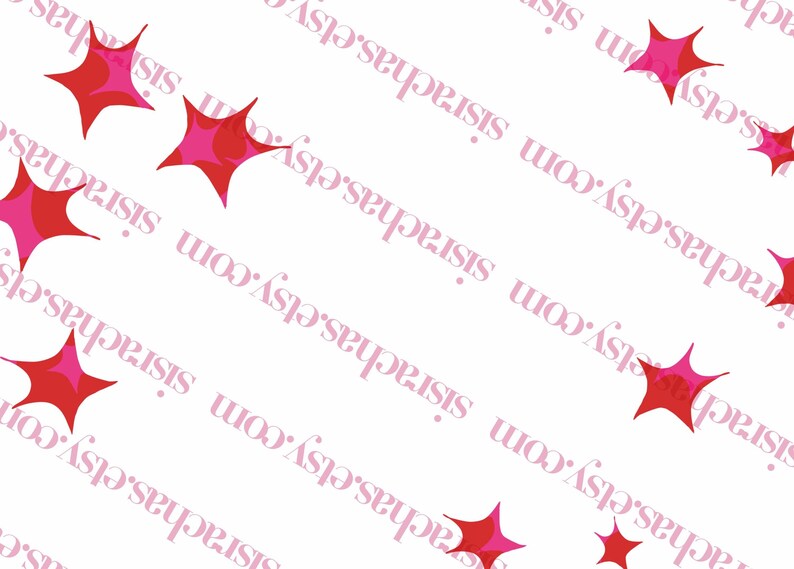 K&ouml;nnte beinhalten: Wei&szlig;er Hintergrund mit einem Muster aus roten und rosa Sternen. Der Text "sisrachas.etsy.com" ist diagonal in Rosa &uuml;ber das Bild gedruckt.