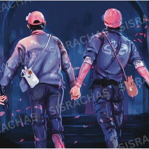 K&ouml;nnte beinhalten: Illustration von zwei Personen, die sich an den H&auml;nden halten und sich entfernen. Sie tragen rosa M&uuml;tzen, Jacken und dunkle Hosen. Einer hat eine wei&szlig;e Hasentasche, der andere eine braune Tasche. Der Hintergrund ist dunkelblau mit rosa Bl&uuml;tenbl&auml;ttern.