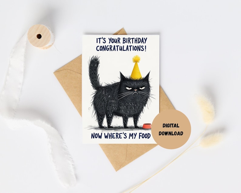 Cat Birthday Card – Black Cat, Funny Cat Card, Birthday Card, Greeting ...