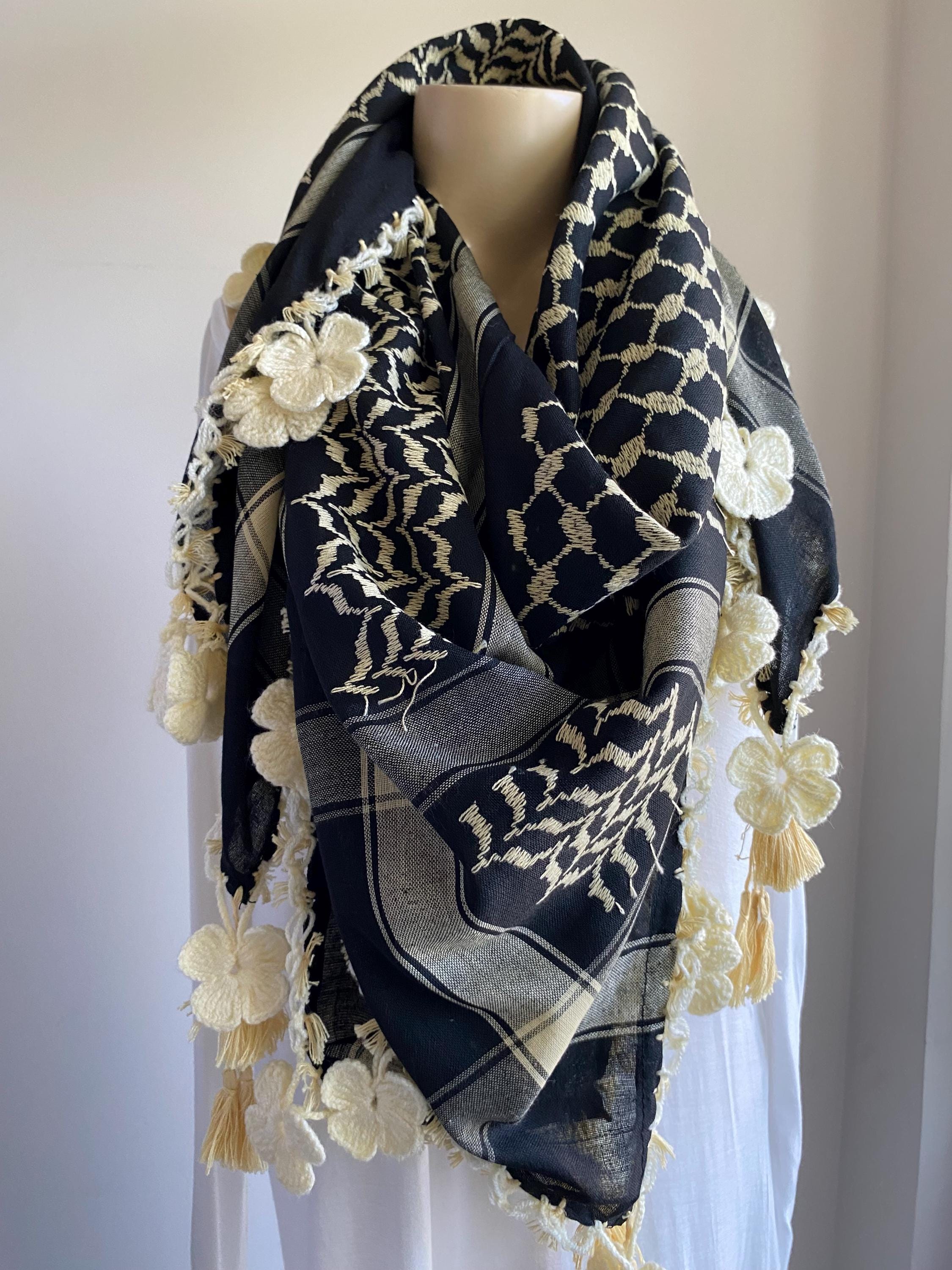 Black Keffiyeh Scarf ,black and Cream Hand Crochet Lace Leaves